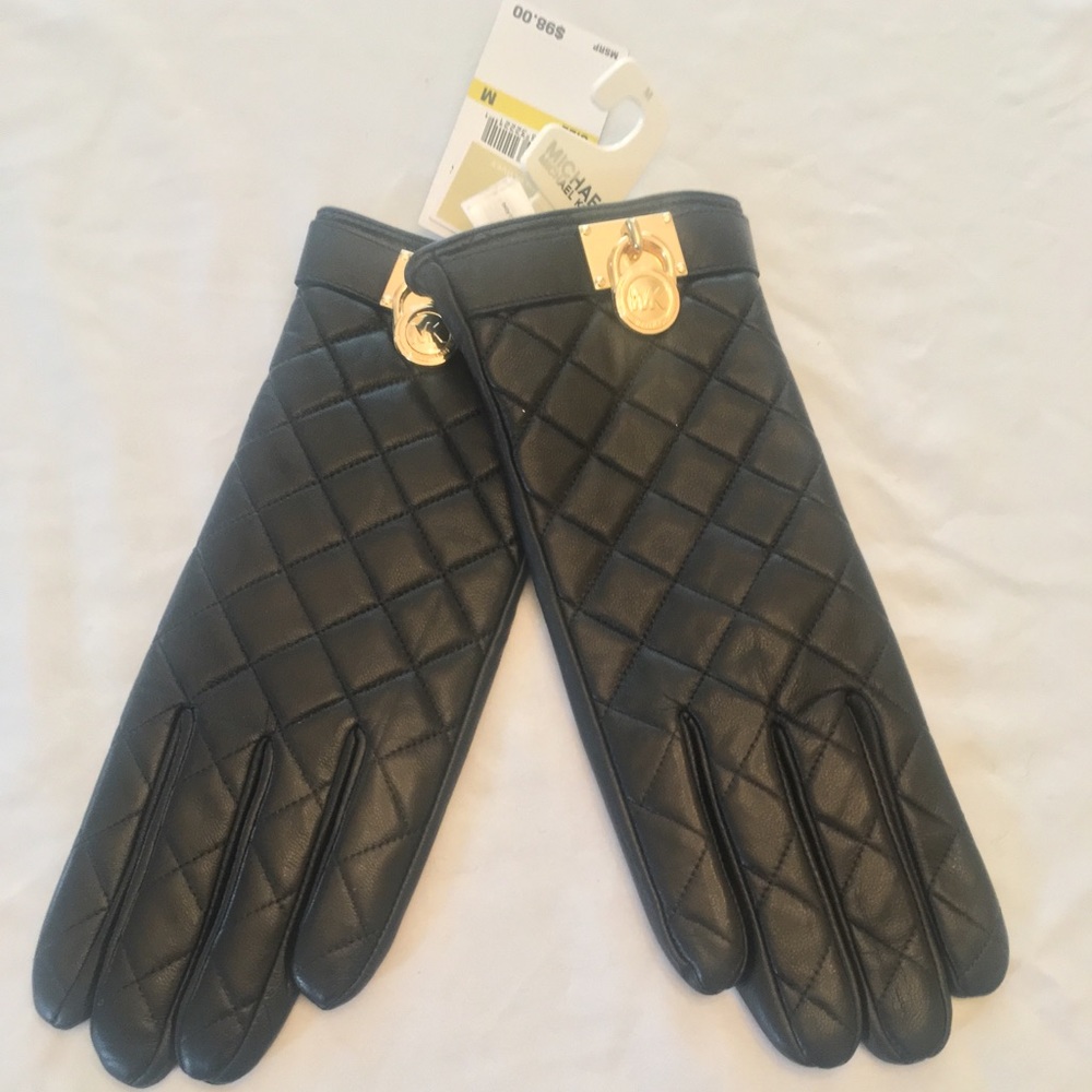 MICHAEL KORS LEATHER QUILTED GLOVES w/Gold